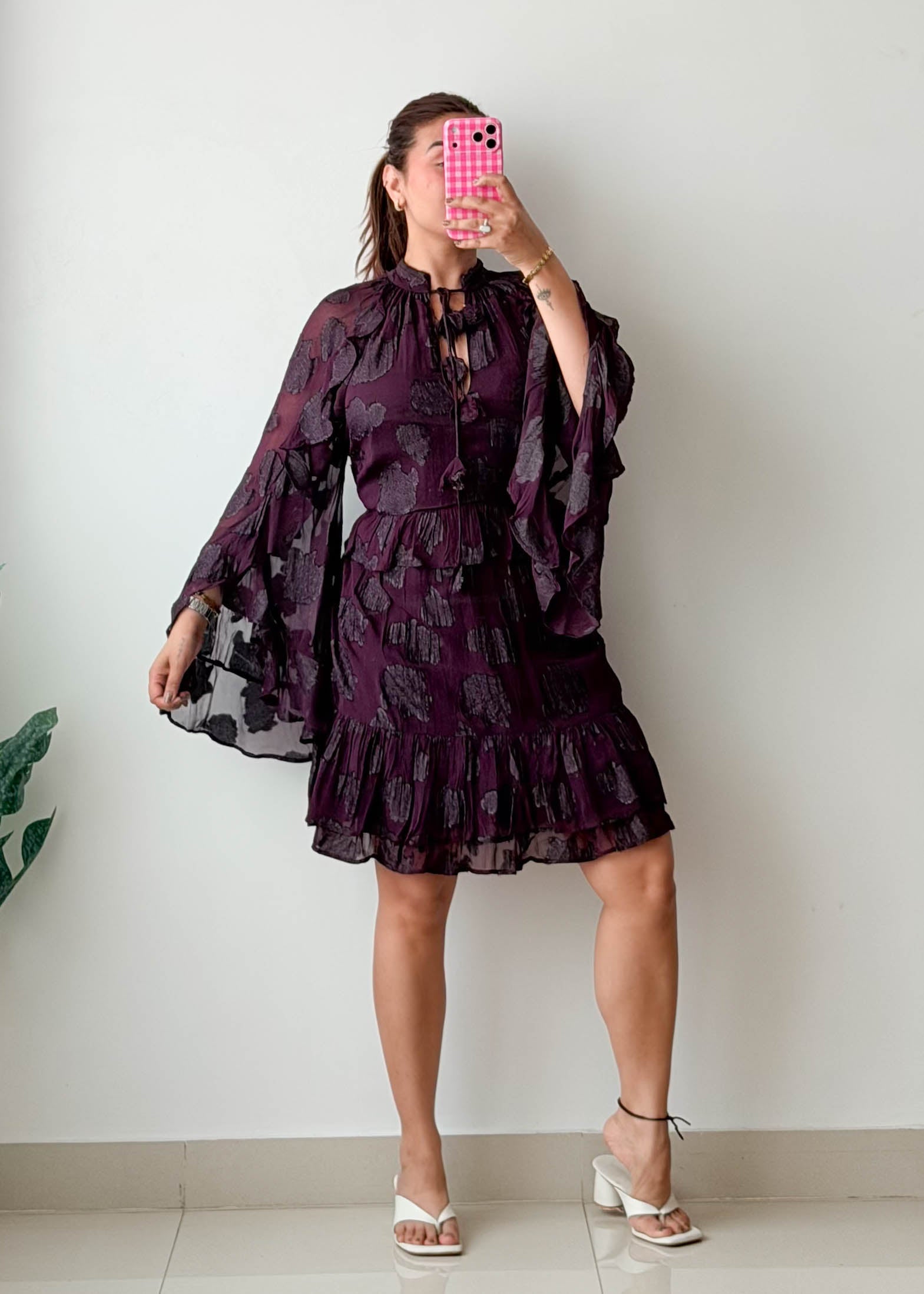 Size L-XL Plum Ruffle Sleeve Tiered Mini Dress