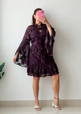 Size L-XL Plum Ruffle Sleeve Tiered Mini Dress