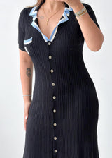 Size S-M Black Contrast Collar Ribbed Knit Maxi Dress