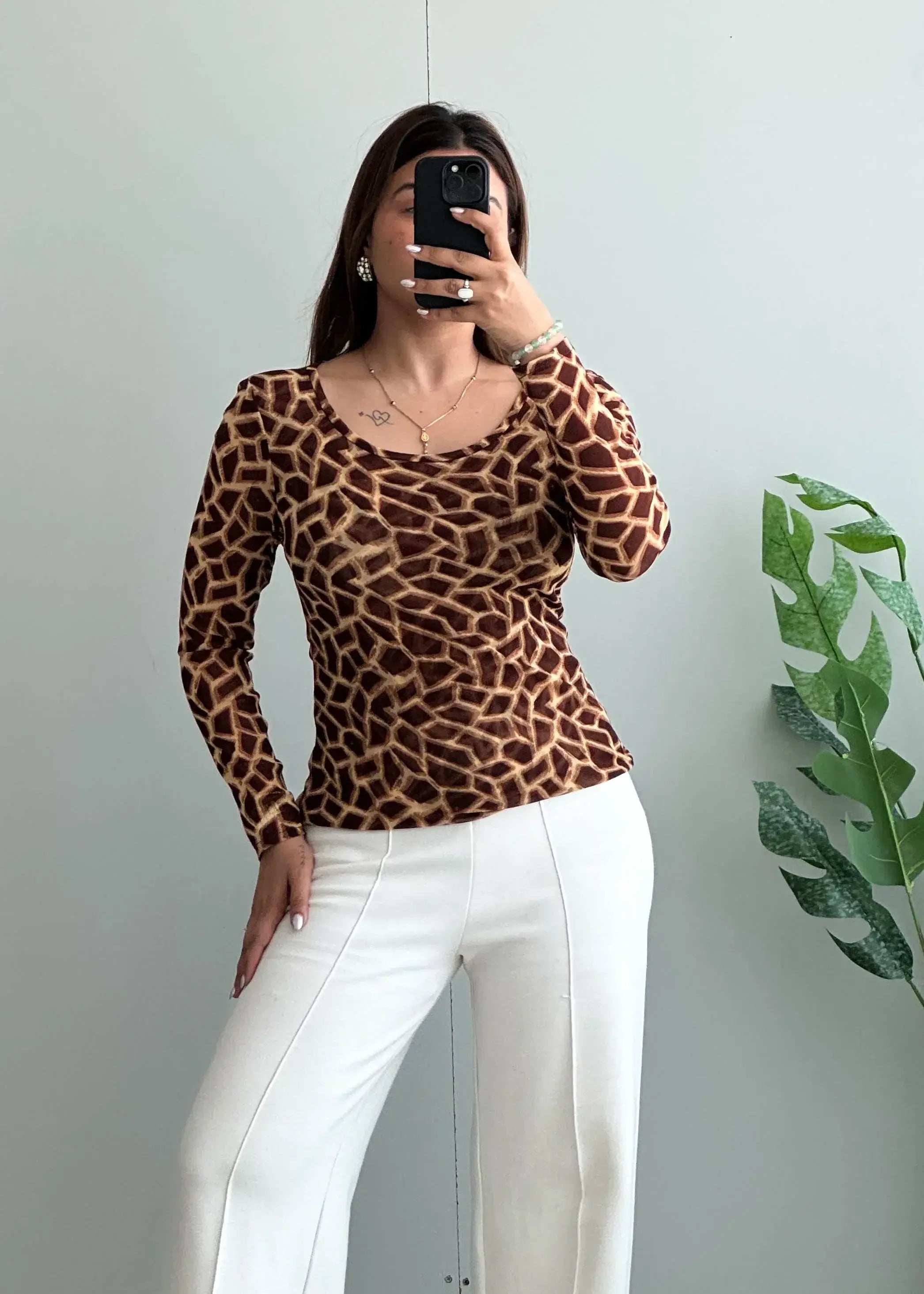 Size XS-S, Brown Abstract Animal Print Stretch Top - Closet by Payal