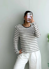Size L-XL, Black & White Striped Long Sleeve Top - Closet by Payal