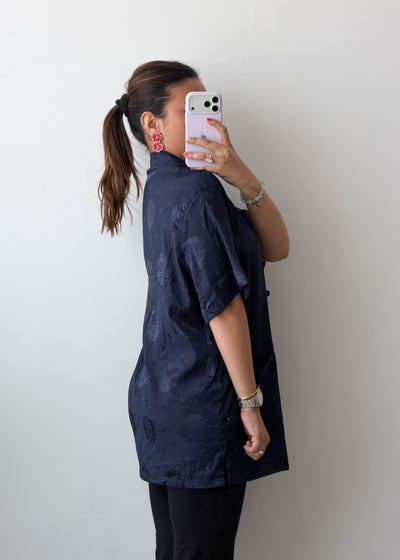 L-XL Navy Mandarin Collar Cotton Voile Shirt