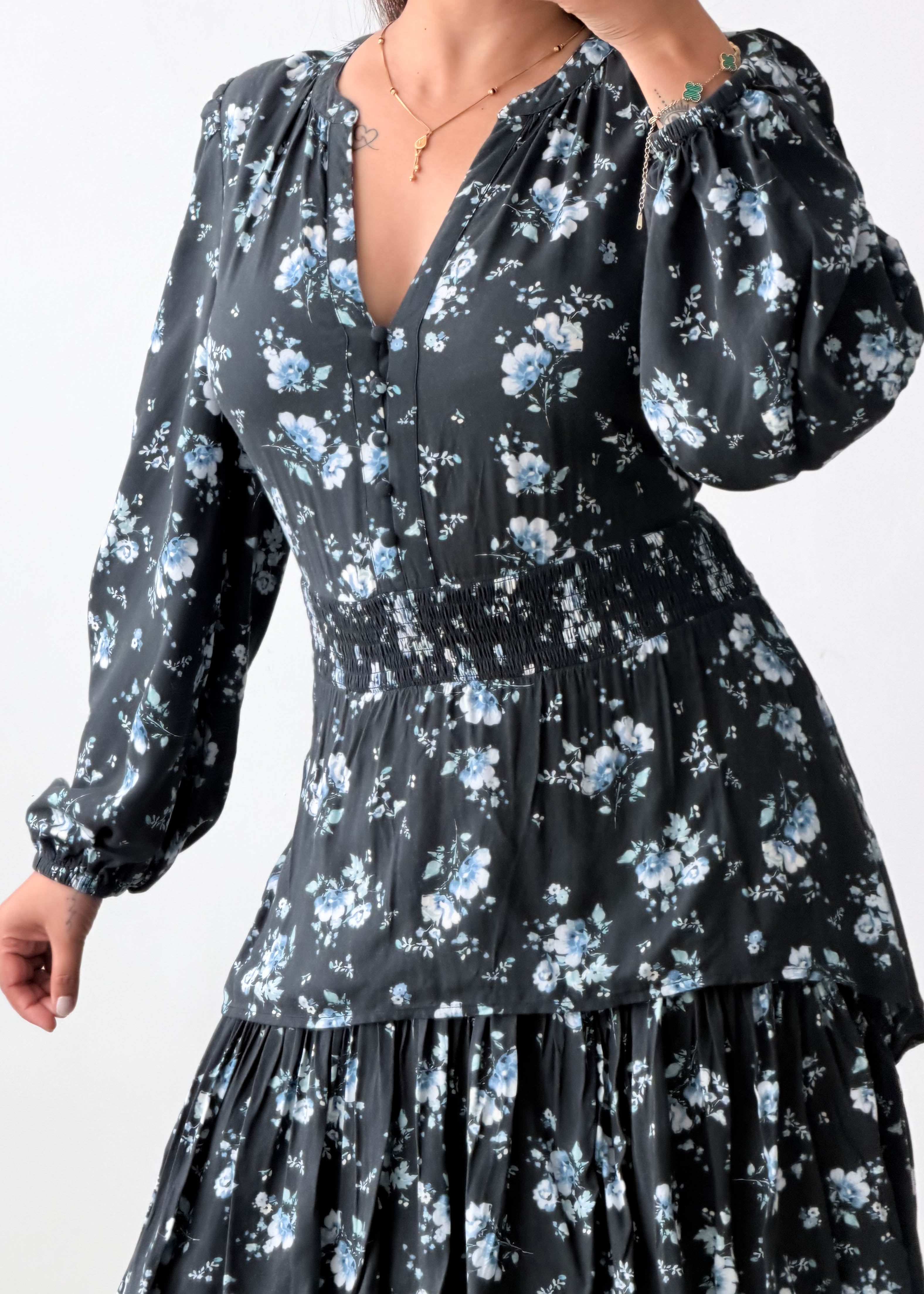 Size M-L Black Floral Tiered Maxi Dress