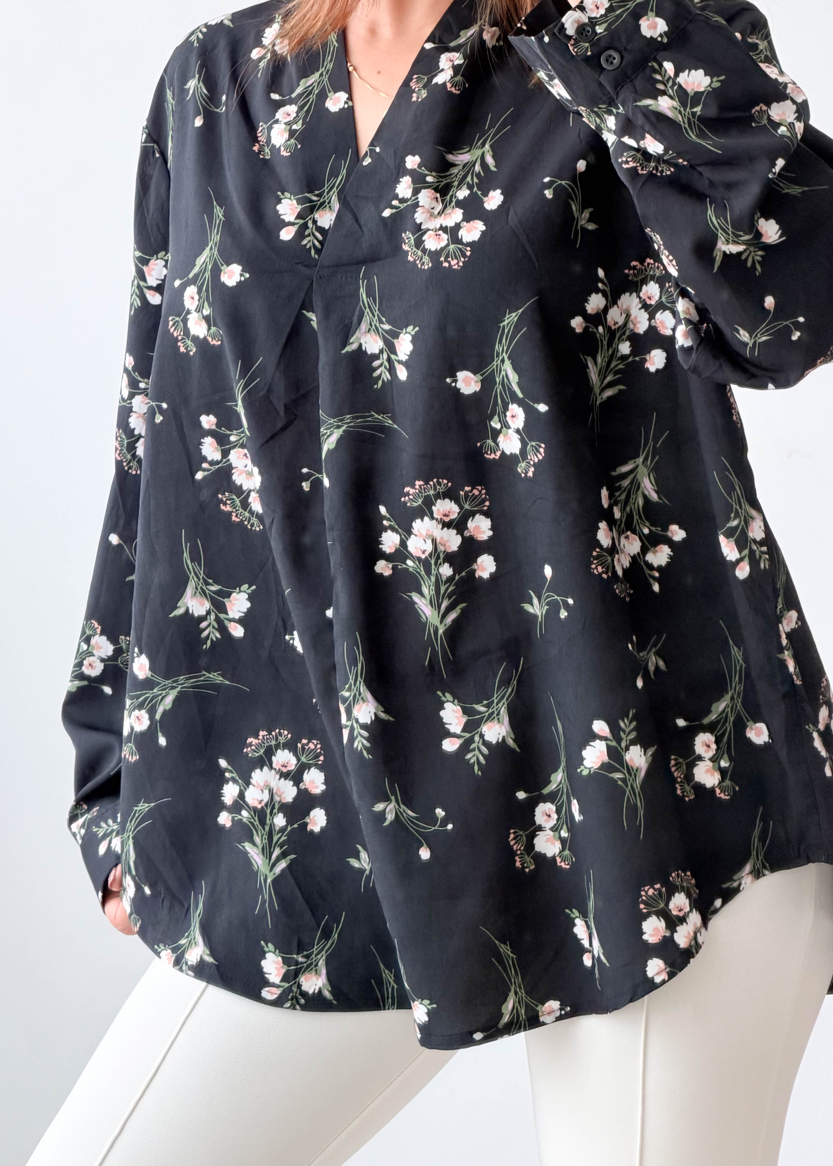 Size L-XL Black Floral Longline Shirt Top