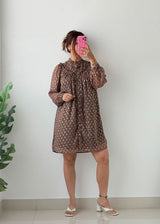 Size S-M Brown Printed Smock Dress