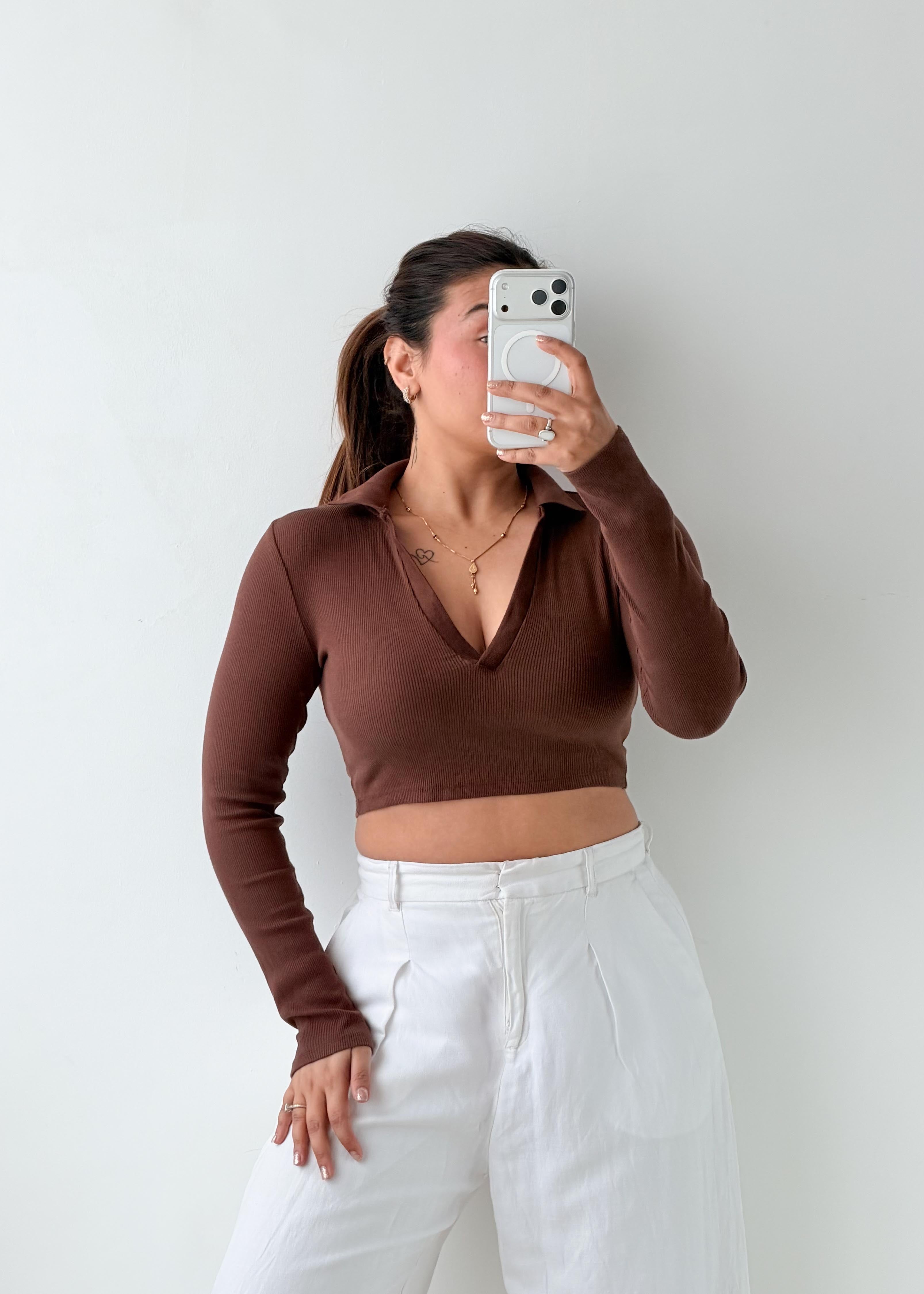 Size S-M Brown Collared Crop Top