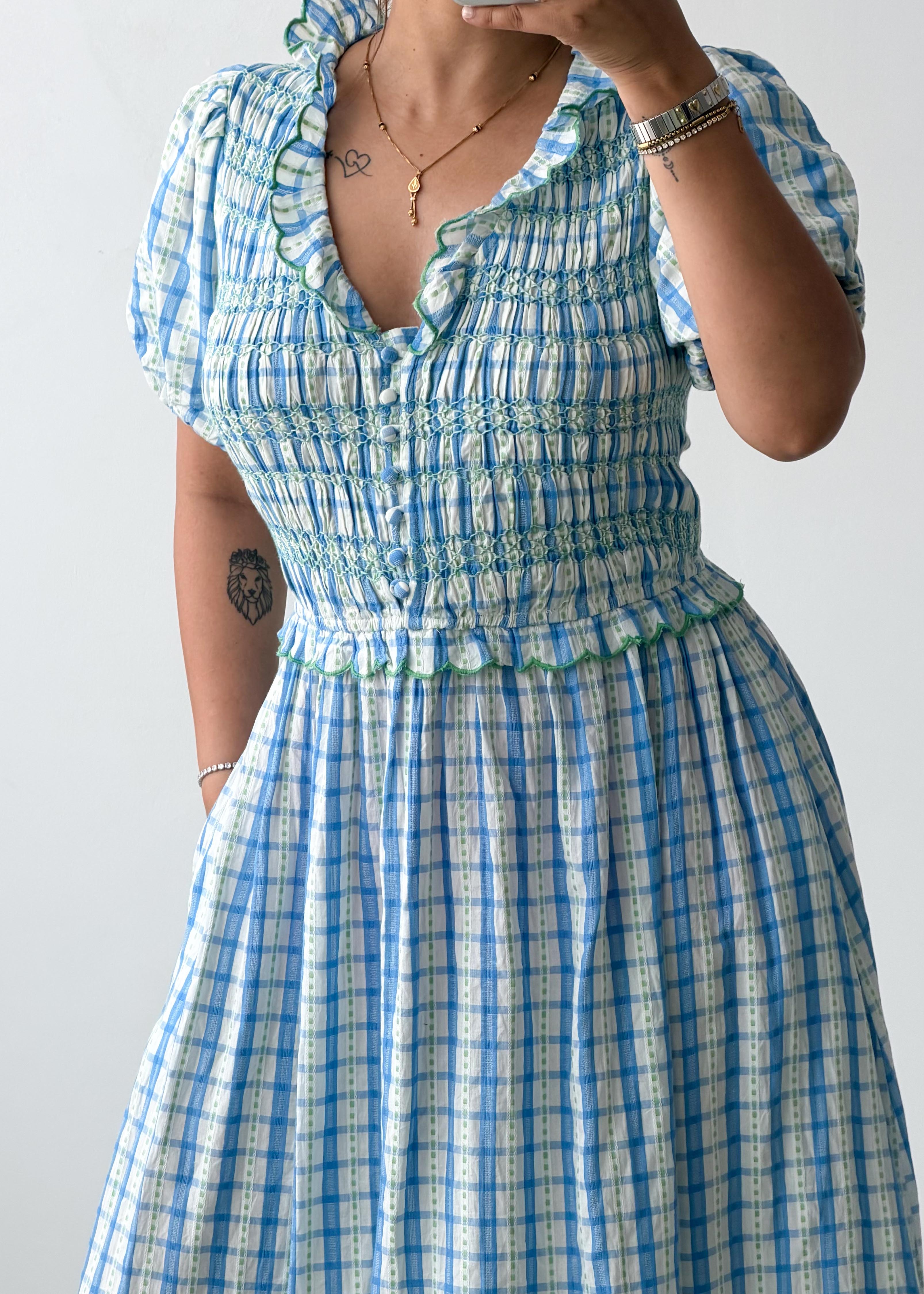 Size M-L/ XL-2XL Blue Checkered Midi Dress