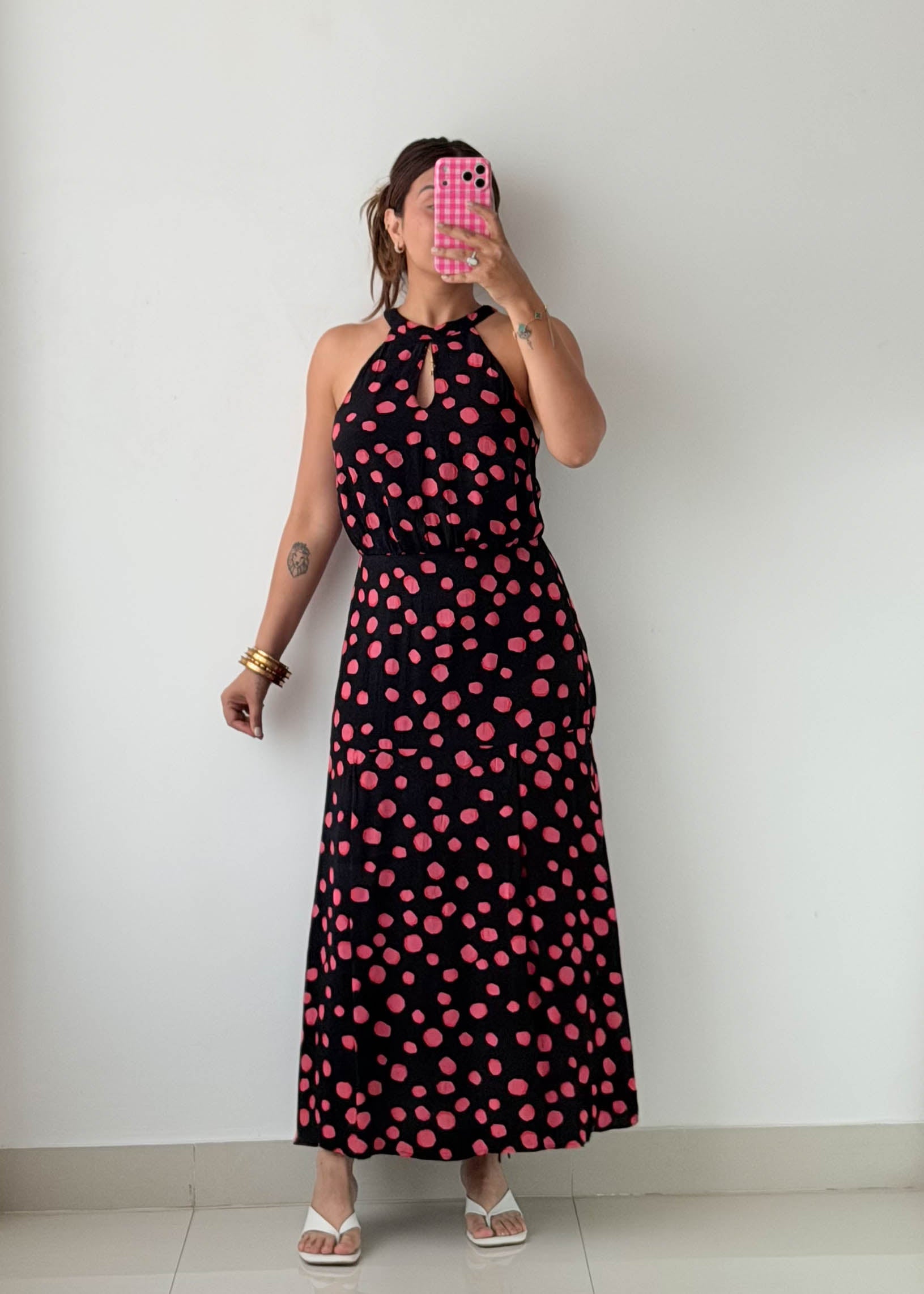 Size S Black & Pink Polka Dot Halter Maxi Dress