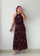 Size S Black & Pink Polka Dot Halter Maxi Dress