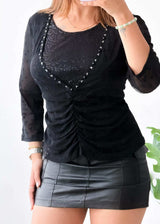Size M-L, Black Sheer Sleeve Ruched Top