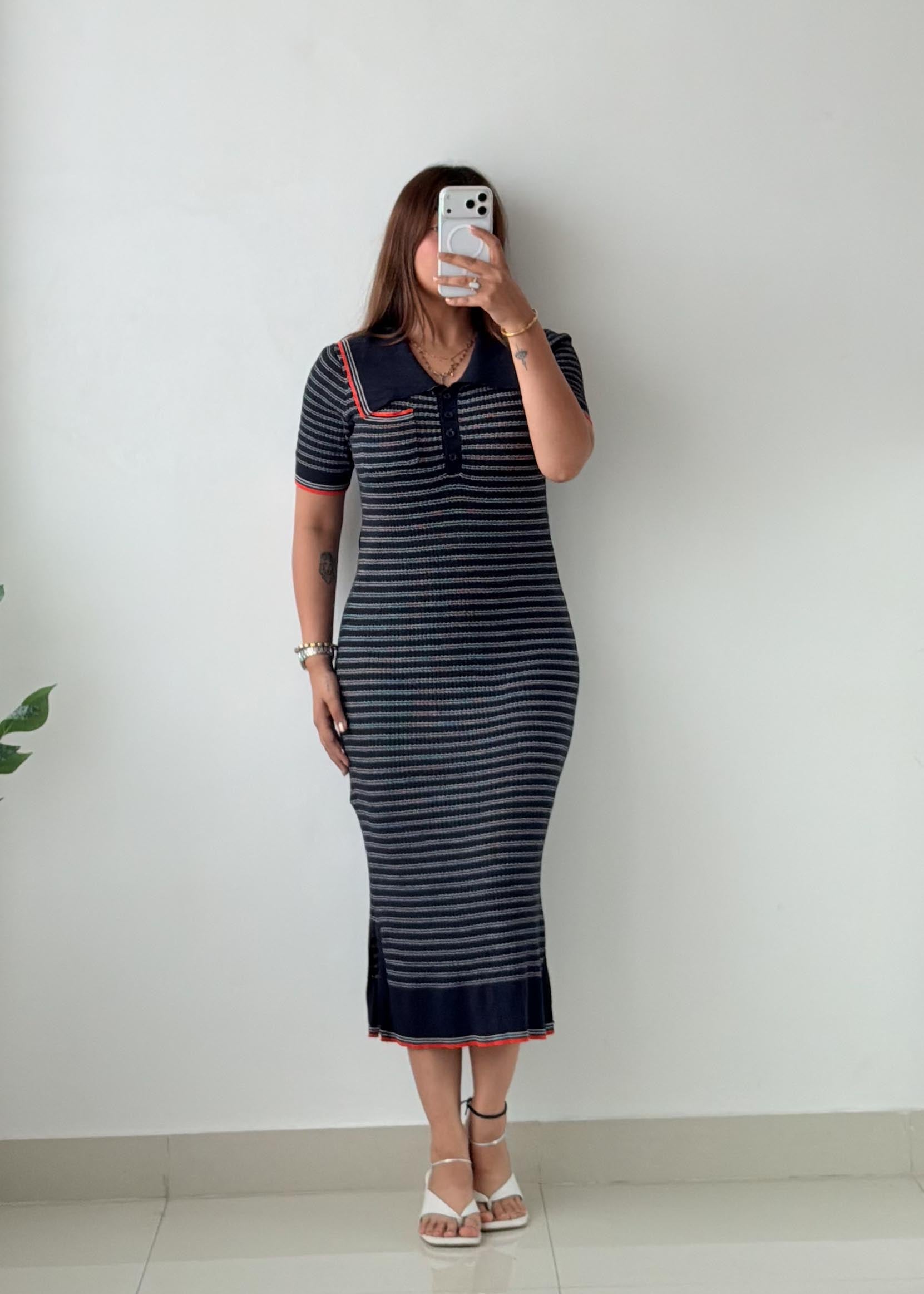Size M-L Navy Stripe Polo Ribbed Midi Dress