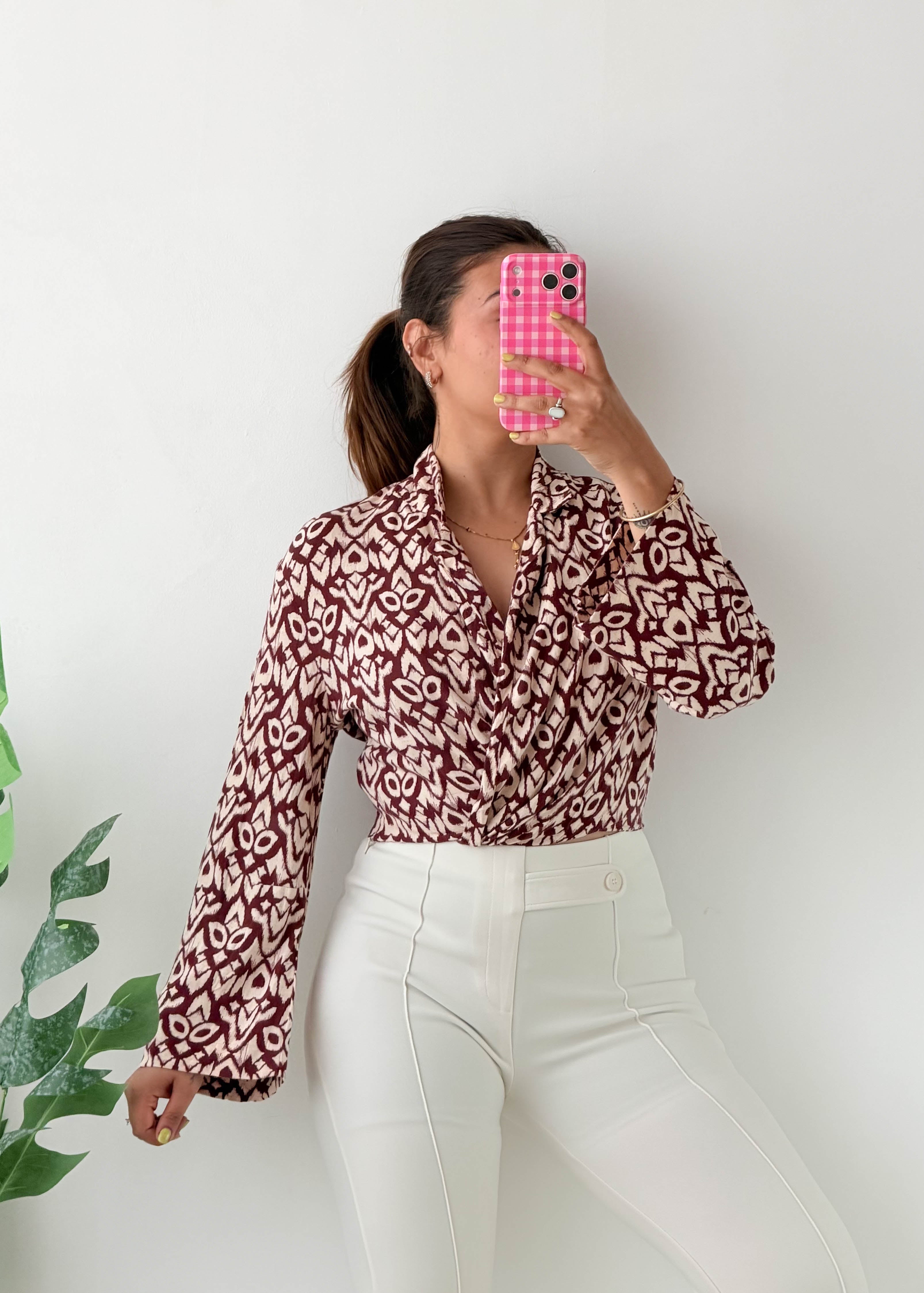 Size XS-S Brown Geometric Wrap Blouse