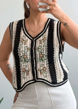 Size M, Black & Cream Crochet Vest Top - Closet by Payal