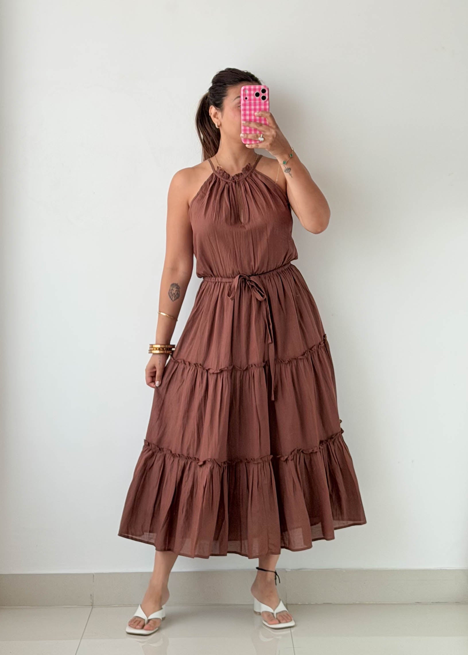 Size M-L Mocha Tiered Halter Midi Dress