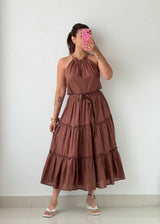 Size M-L Mocha Tiered Halter Midi Dress