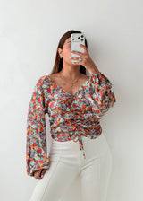 Size M-L Multicolor Floral Ruched Blouse
