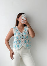 Size M-L Blue Floral Crochet Vest Top