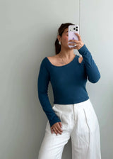 Size M-L, Teal Cut-Out Long Sleeve Top - Closet by Payal