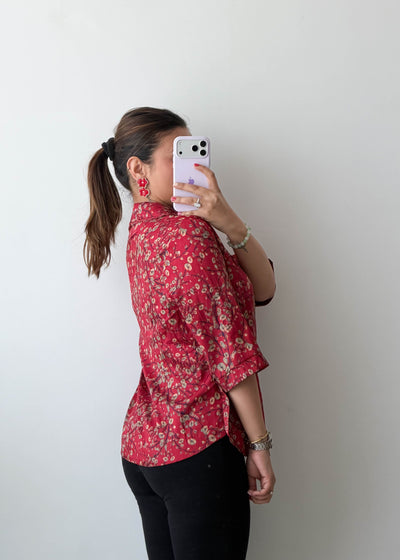 S-M Red Floral Print Cotton Voile Shirt