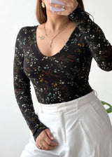 Size S-M, Black Floral V-Neck Full Sleeve Bodysuit