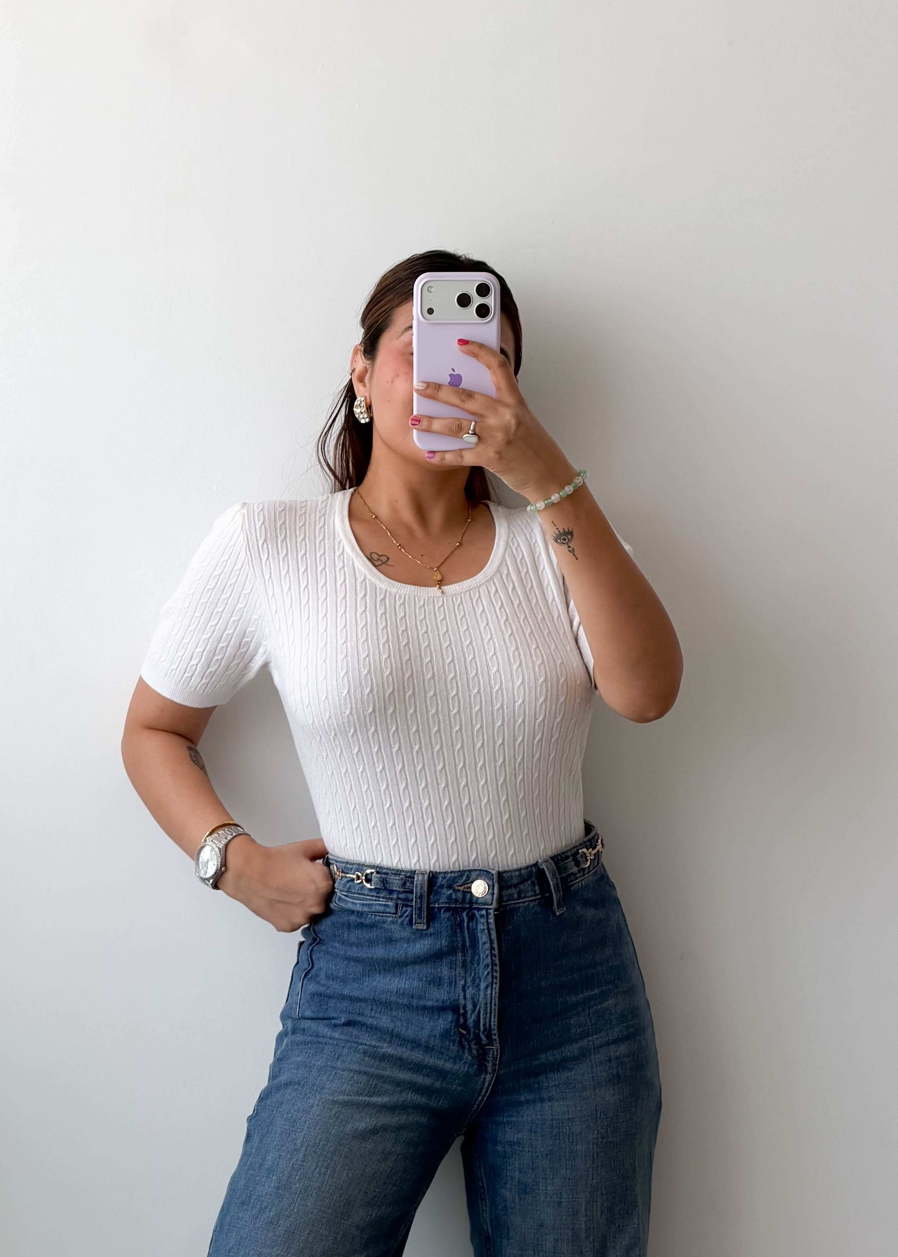 Size L-XL White Textured Knit Top