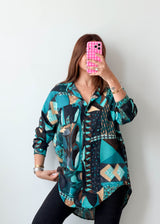 Size L-XL Teal Geometric Print Longline Shirt Top