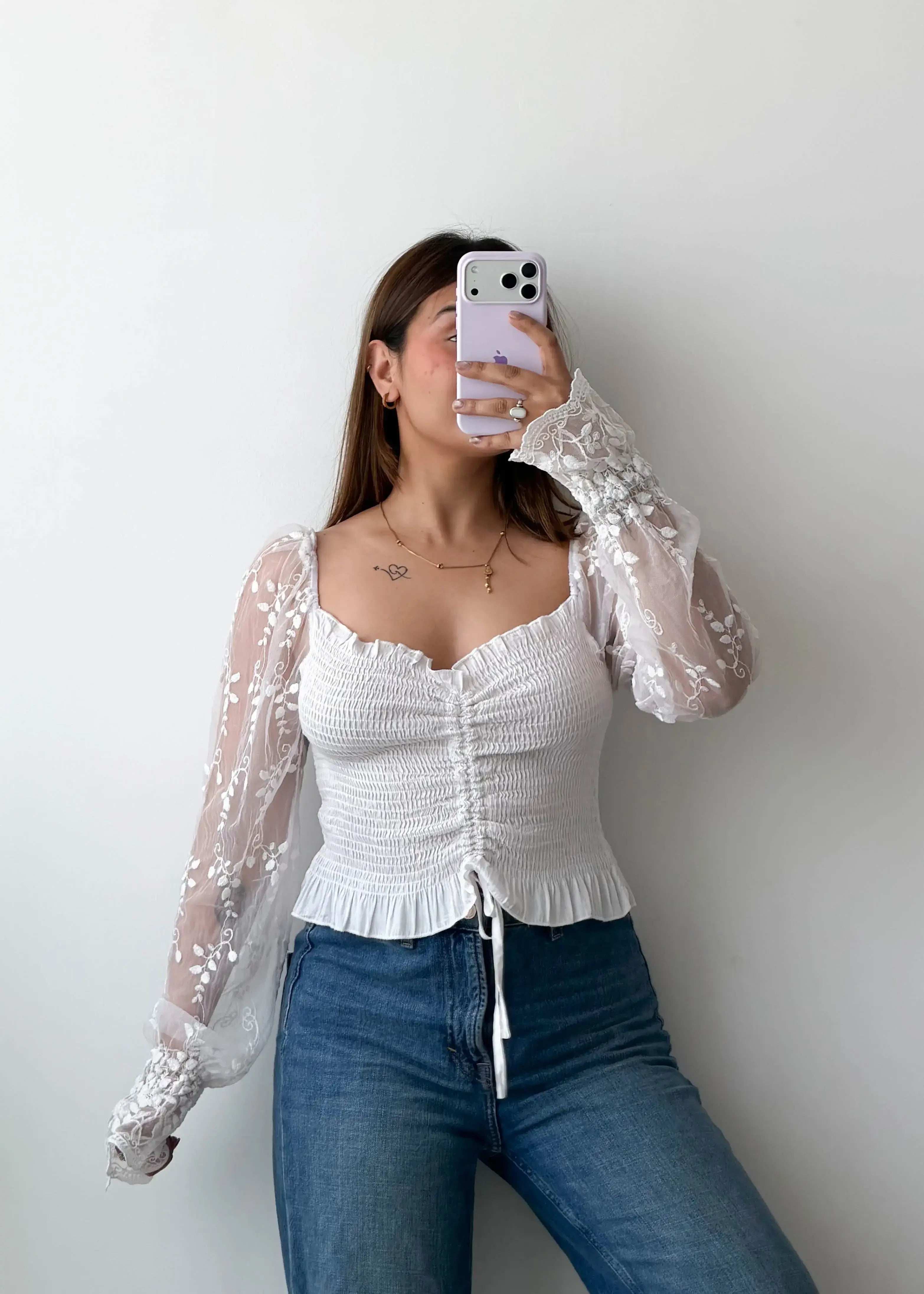 Size M-L White Smocked Lace Top