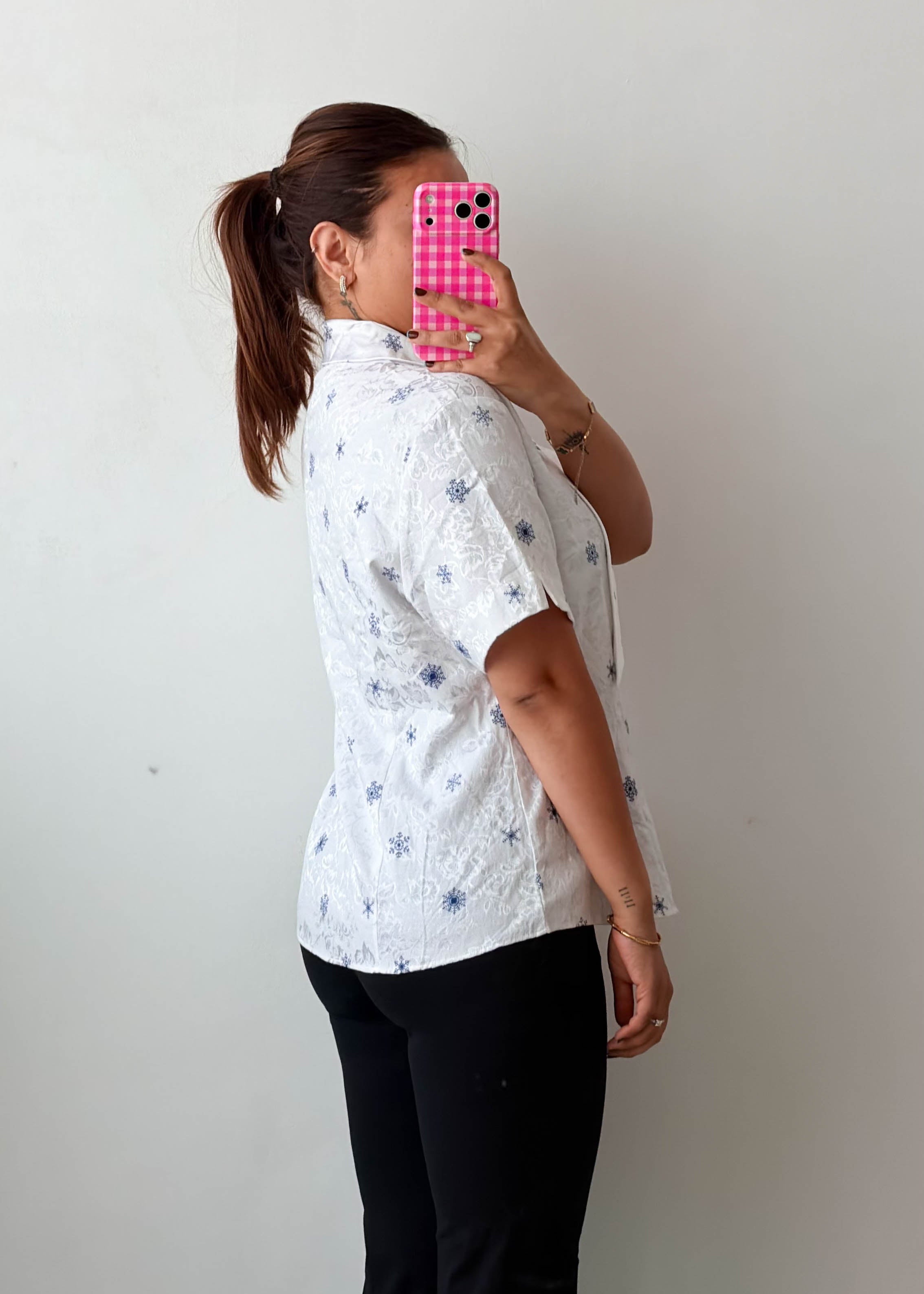 Size L White Blue Embroidered Shirt Top