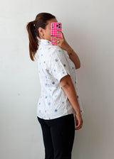 Size L White Blue Embroidered Shirt Top