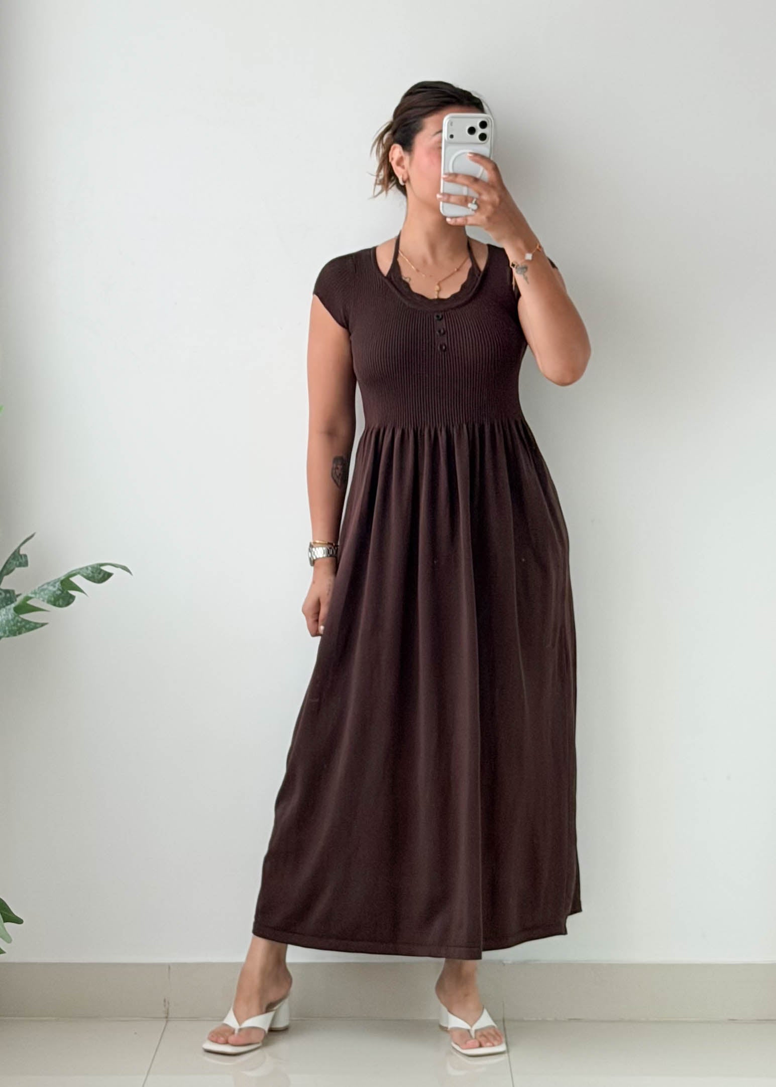 Size S-M Chocolate Henley Smocked Maxi Dress