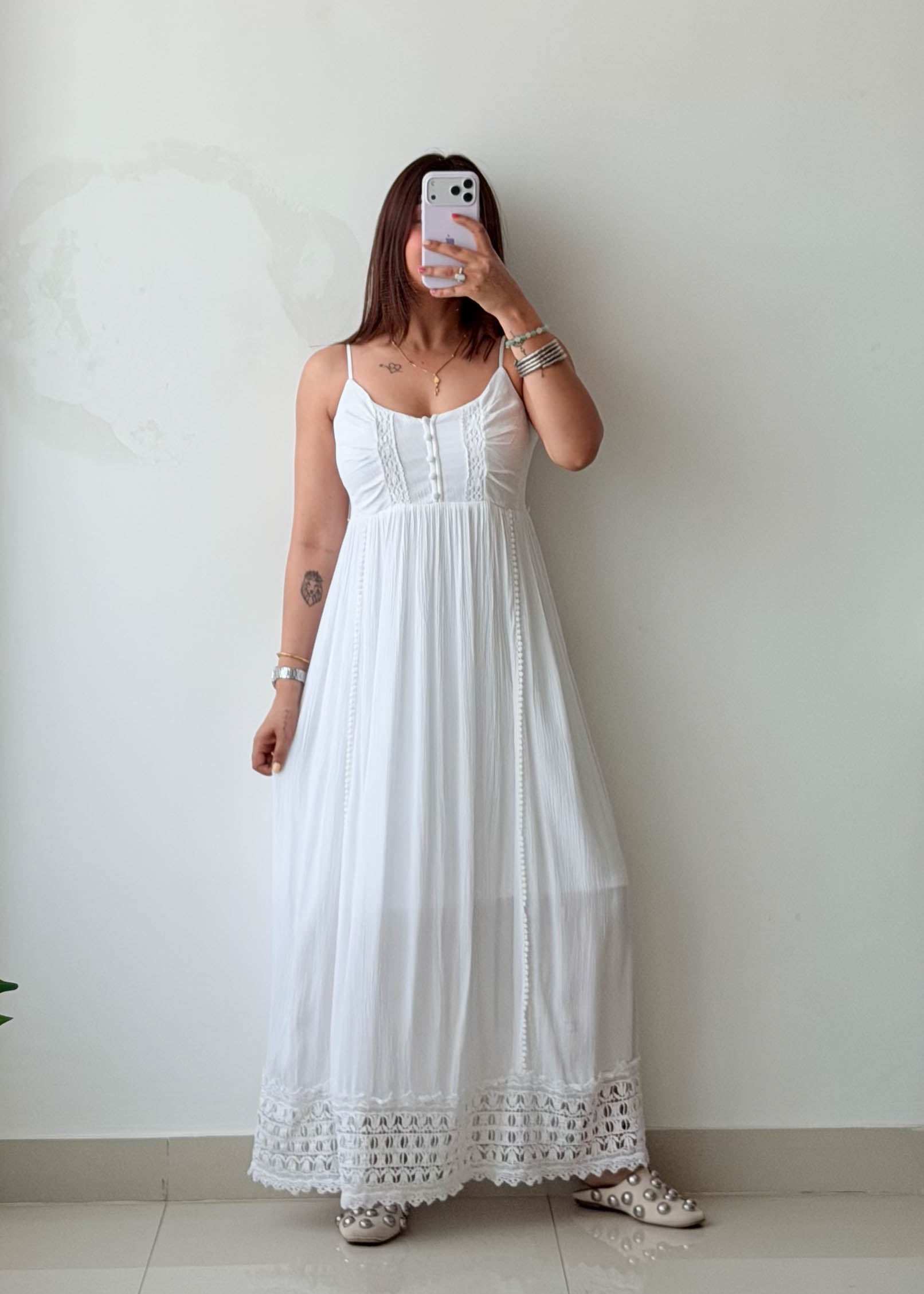 Size S-M White Lace Panel Maxi Dress With Lining