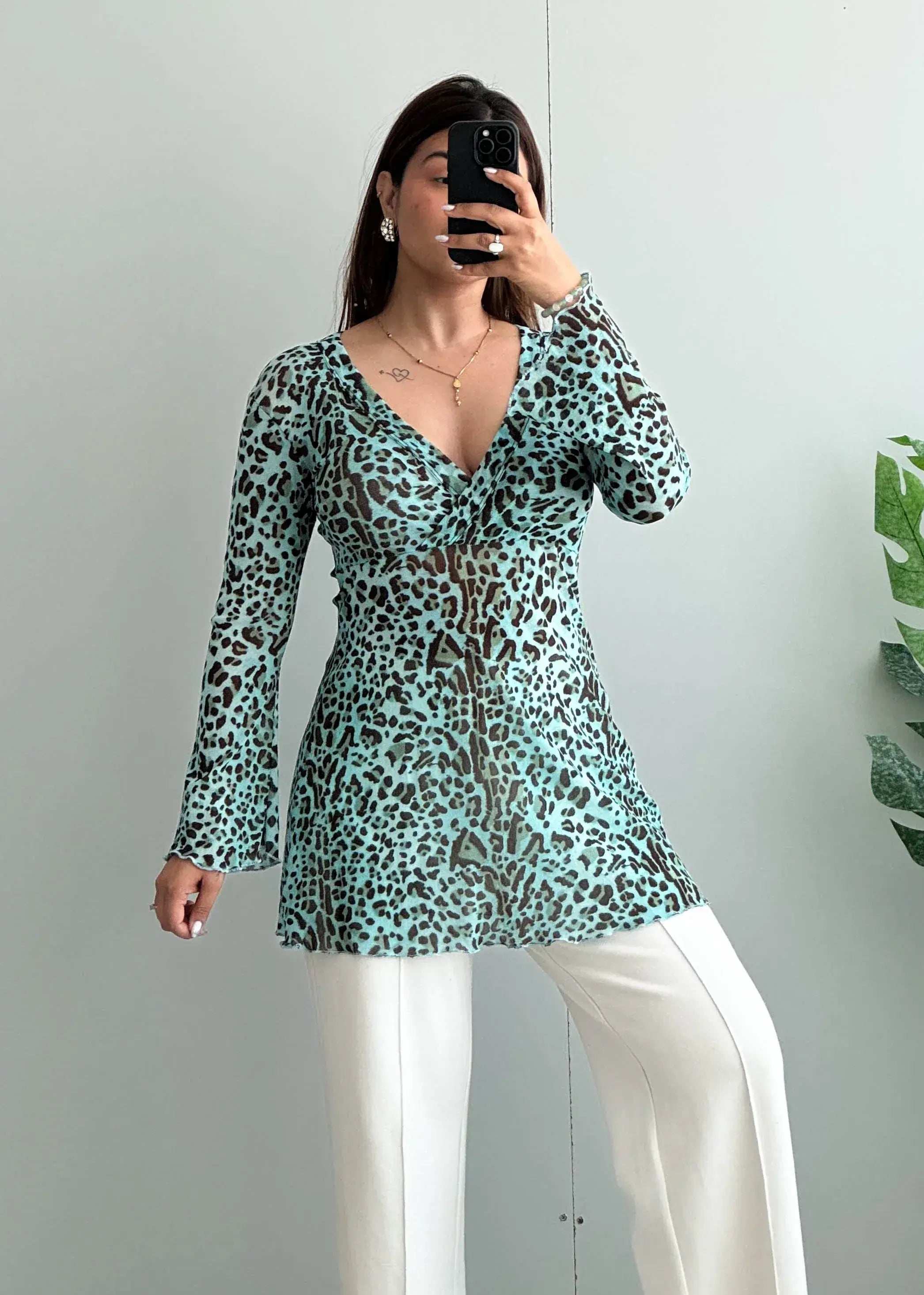 Size S-M, Mint Animal Print long Peplum Top - Closet by Payal