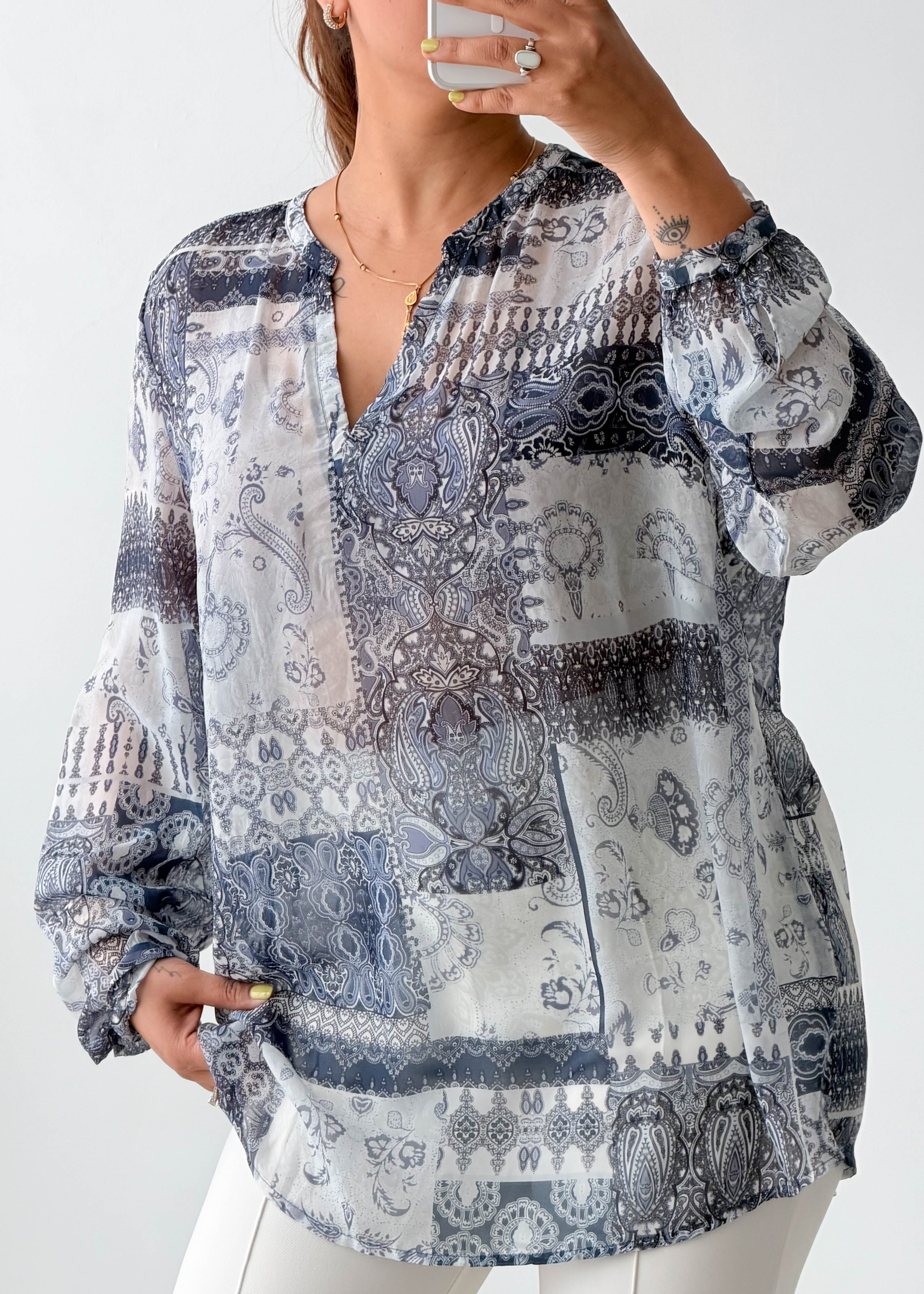 Size M-L Blue Paisley Chiffon Blouse