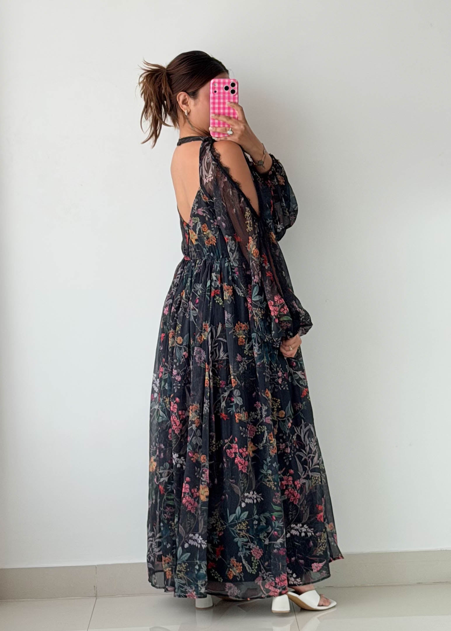 Size M-L Black Floral Sheer Maxi Dress