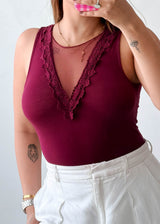 Size XS-S Burgundy Lace Trim Bodysuit
