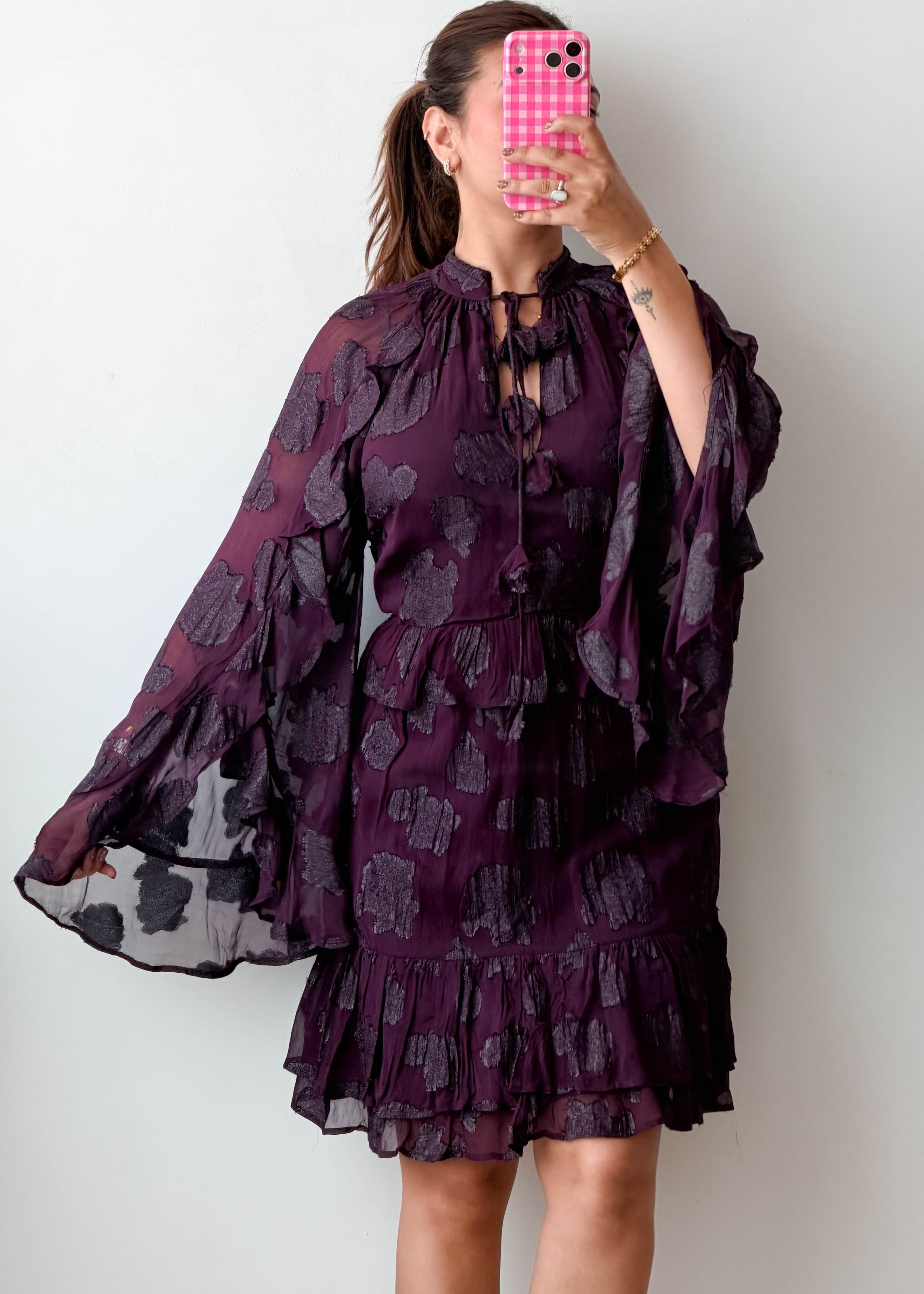 Size L-XL Plum Ruffle Sleeve Tiered Mini Dress