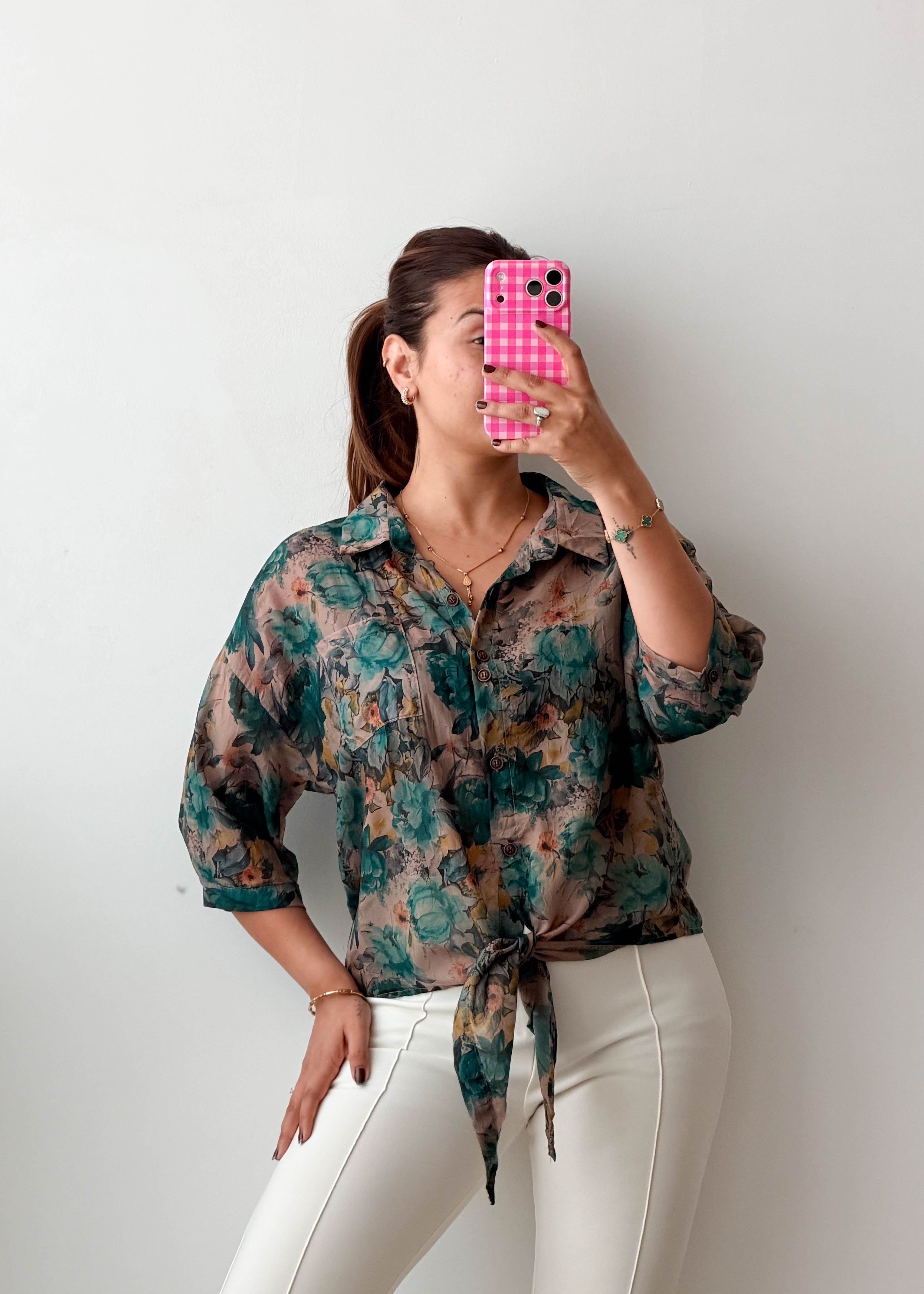 Size S-M Teal Floral Tie-Front Chiffon Shirt