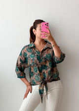 Size S-M Teal Floral Tie-Front Chiffon Shirt