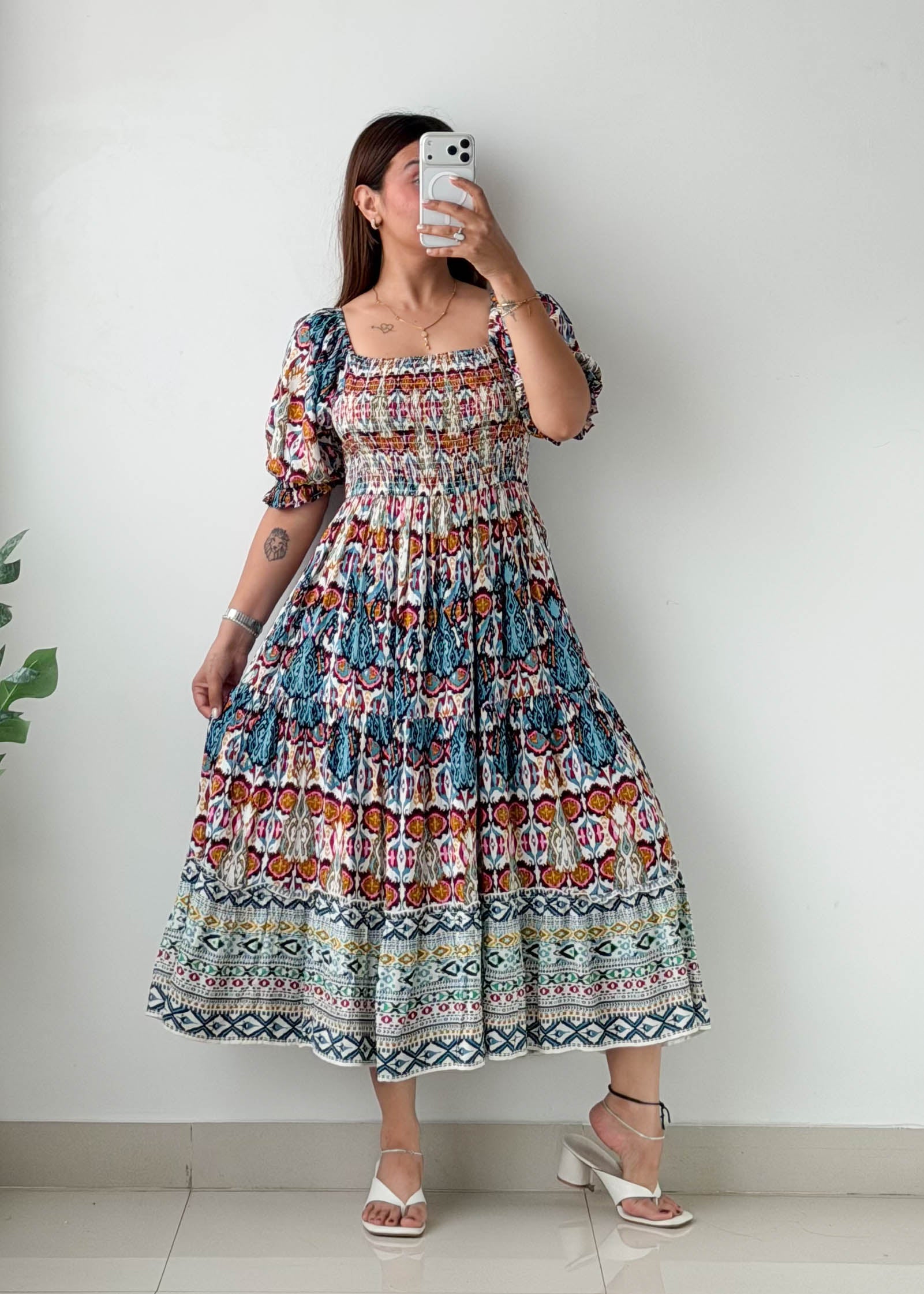 Size M-L Multicolor Printed Smocked Midi Dress