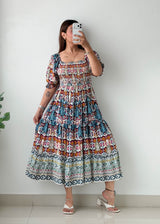Size M-L Multicolor Printed Smocked Midi Dress