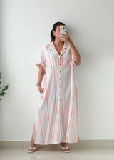 Size XL-2XL White & Pink Striped Shirt Midi Dress