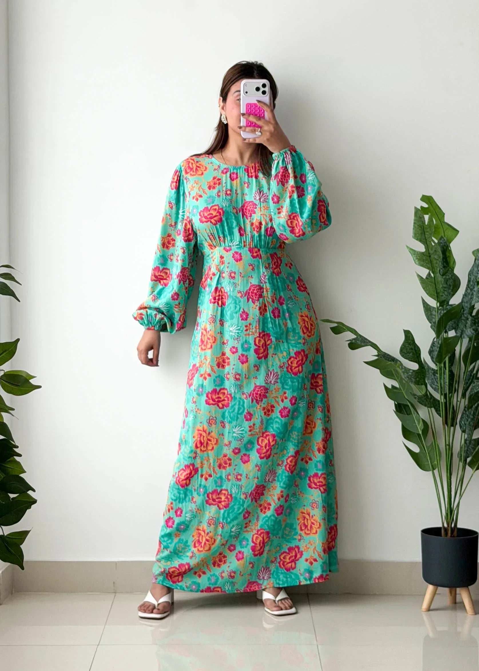 Size S-M, Mint Floral Long Sleeve Maxi Dress