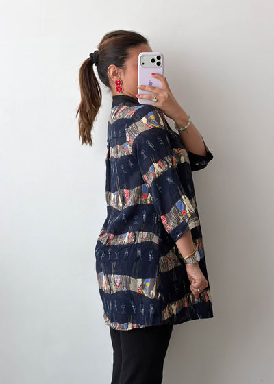 M-L Navy Patchwork Print Soft Chiffon Shirt