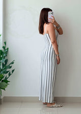 Size XS-S White Cotton Striped Straight Fit Jumpsuit