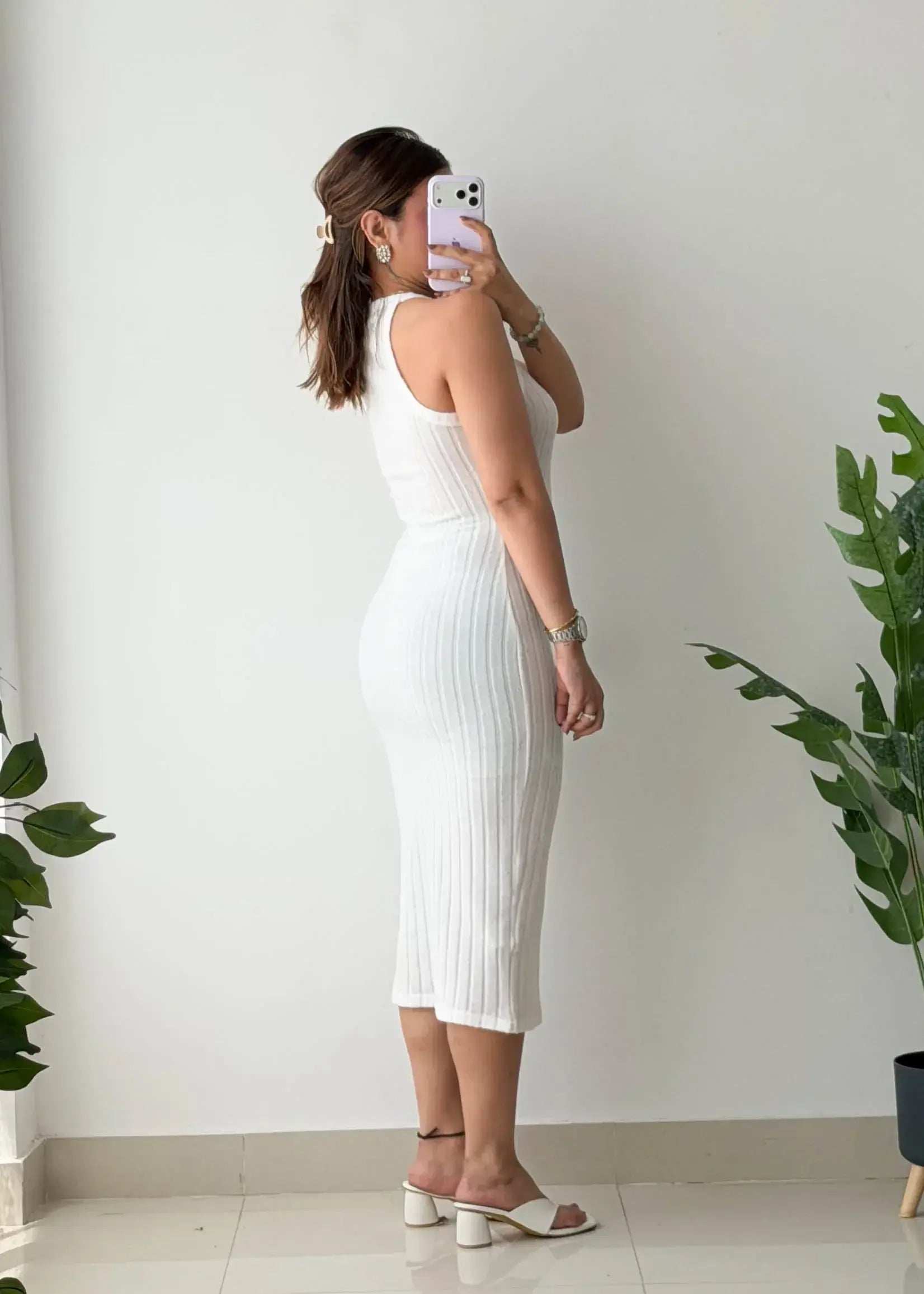 Size S-M, White Halter Ribbed Midi Dress - Closet by Payal