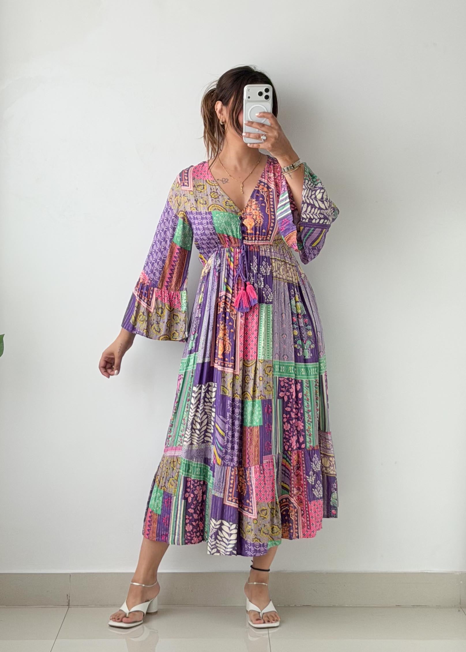 Size M-L Multicolor Patchwork Print Maxi Dress