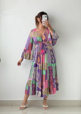 Size M-L Multicolor Patchwork Print Maxi Dress
