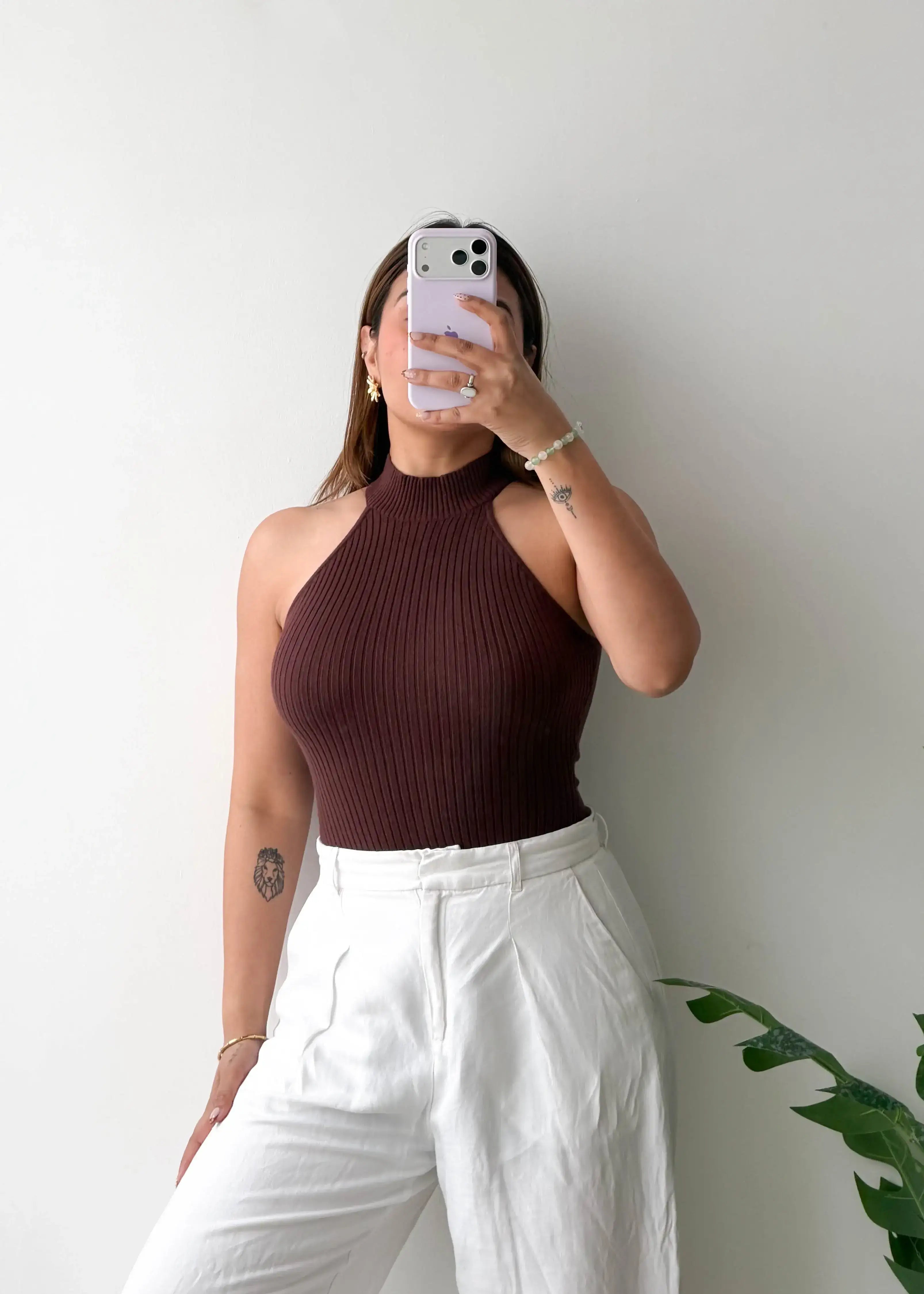 Size S-M, Brown Ribbed Halter Neck Sleeveless Bodysuit