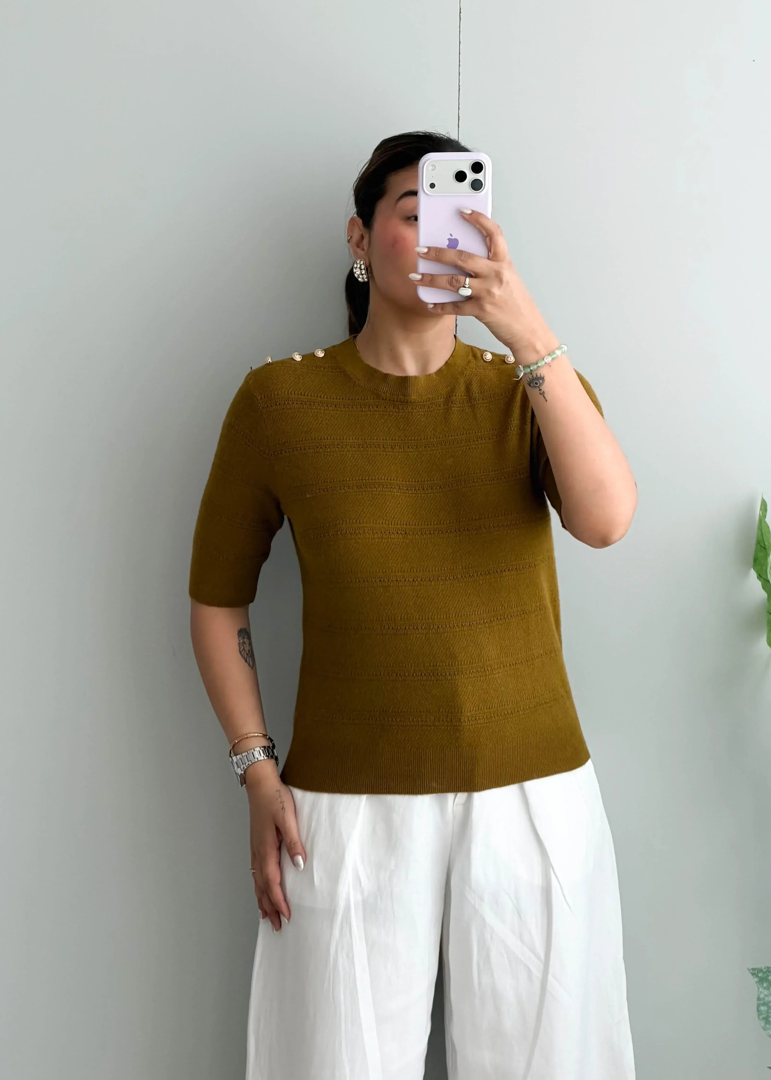 Size S-M, Olive Textured Half Sleeve Top - Closet by Payal